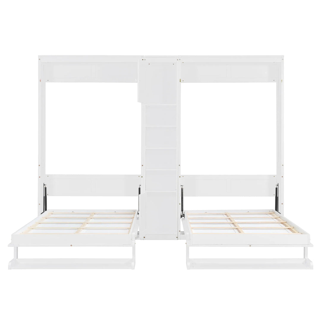 Dual Twin Size Wall Murphy Beds with Cabinets and Shelves, Space-Saving Design