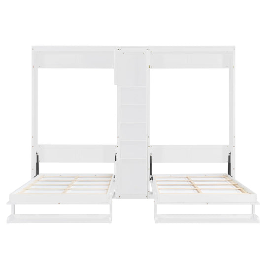 Dual Twin Size Wall Murphy Beds with Cabinets and Shelves, Space-Saving Design