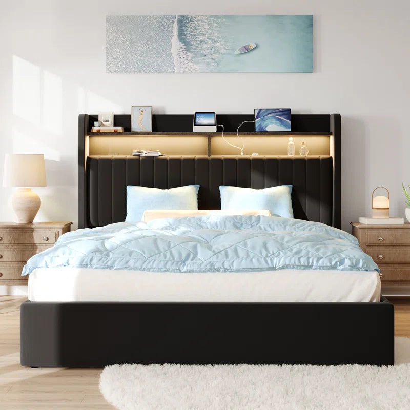 Hydraulic Lift up Storage Upholstered Platform Wingback LED Bed with 2-Tier Shelves and Charging Station