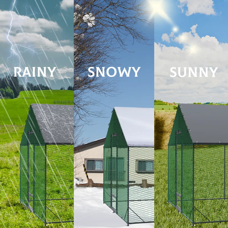 Upgraded Anti-Rust Metal Chicken Coop with Run Walkin Poultry Cage Habitat with Feeding Door, Waterproof and Snow /Rain Accumulation Prevent Cover for Backyard Farm Garden