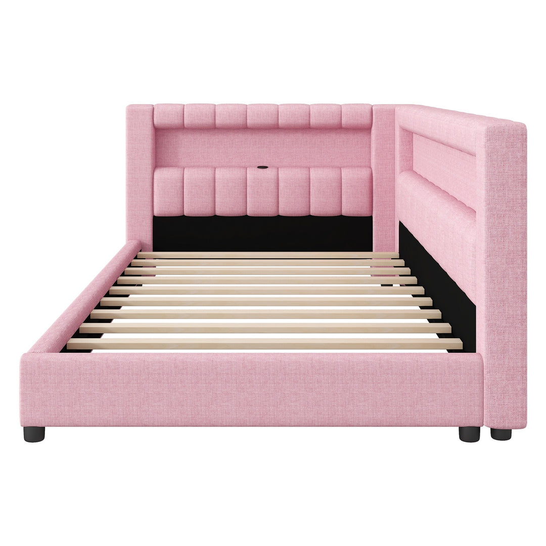 Upholstered Low-Profile Daybed Platform Bed Built-In USB Ports and LED Light Belt, Grounded Design with Padded Backrest