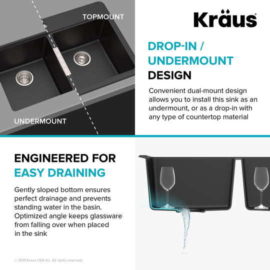 Granite 33 Inch 2-Bowl Undermount Drop-In Kitchen Sink
