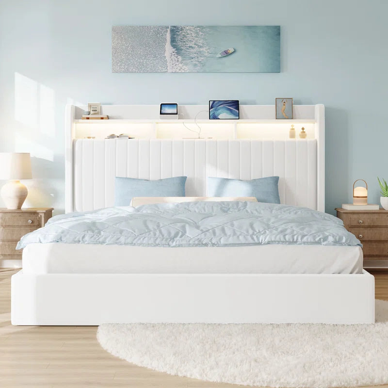 Hydraulic Lift up Storage Upholstered Platform Wingback LED Bed with 2-Tier Shelves and Charging Station