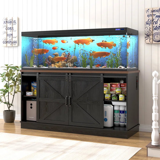 Farmhouse Aquarium Stand for 55-75 Gallon Fish Tanks, Reptile Tank Stand with Power Outlet & Sliding Barn Door, Heavy Duty Fish Tank Stand with Cabinet Storage for Turtle Tanks/Reptile Terrariums