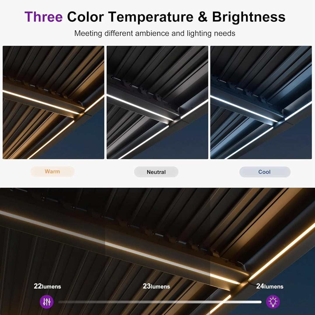 Solar Louvered Pergola with LED String Lights Aluminum Outdoor Pergola with Adjustable Roof for Patio Garden