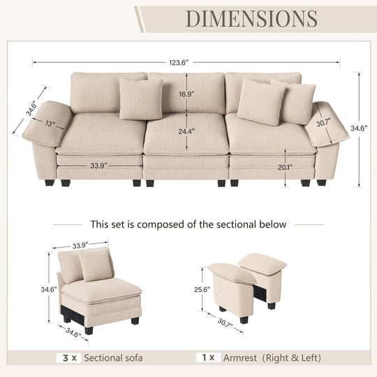 Cloud Modular Deep Seat Sofa, Chenille or Corduroy Sectional Couch with Removable Arms, 1–4 Seater