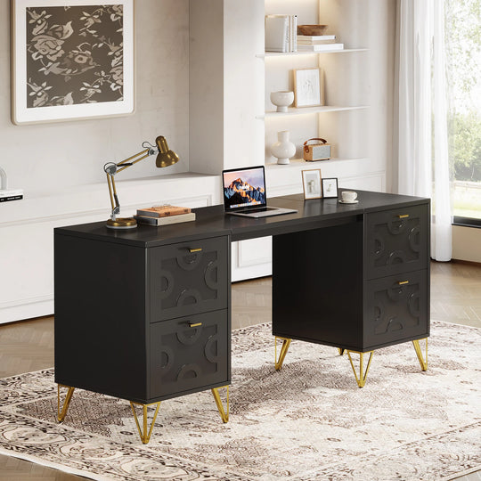 White Computer Desk with File Drawers, 59'' Modern Home Office Desk