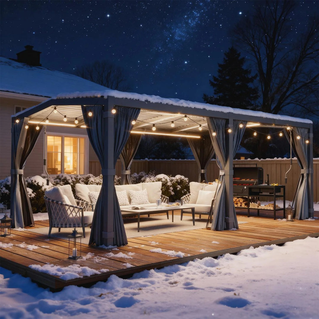 Outdoor Louvered Pergola Gazebo with Adjustable Aluminum Rainproof Roof and Pull-Down Screen