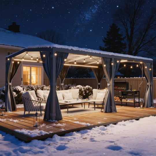 Outdoor Louvered Pergola Gazebo with Adjustable Aluminum Rainproof Roof and Pull-Down Screen