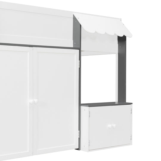 Full Loft House Bed with Playhouse Storage Modern Wood Cabin Bed for Kids