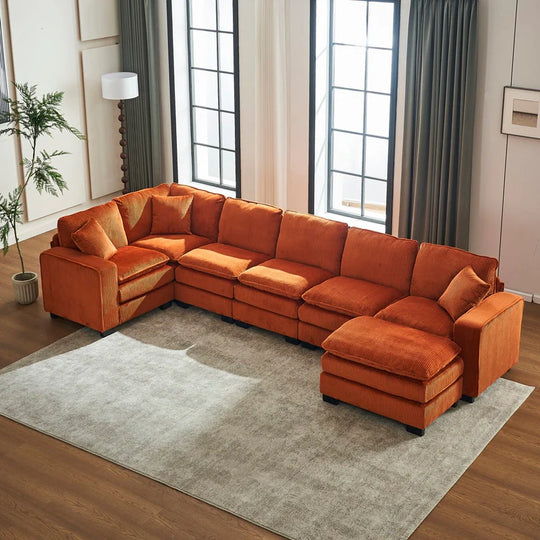 Modern U-Shaped 6-Seater Sectional Sofa with One Footstool