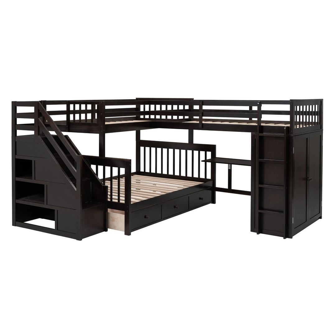 L-Shaped Bunk Bed with Three Drawers, Portable Desk and Wardrobe, Twin-Twin over Full Design