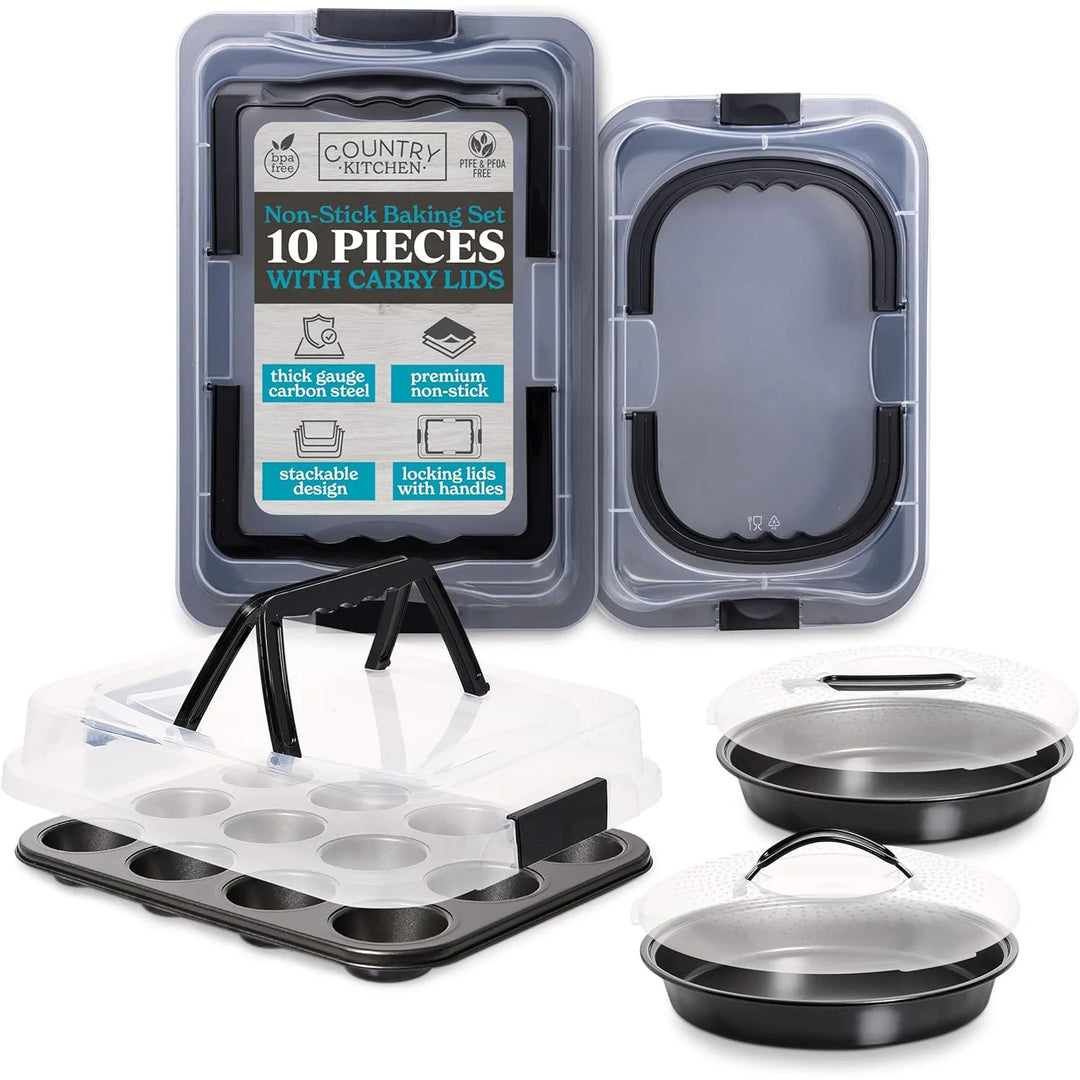 Baking Pans Set 10 Piece Non-Stick Cake Pans with Carry Lids for Storage & Travel, Perfect for Parties Stackable