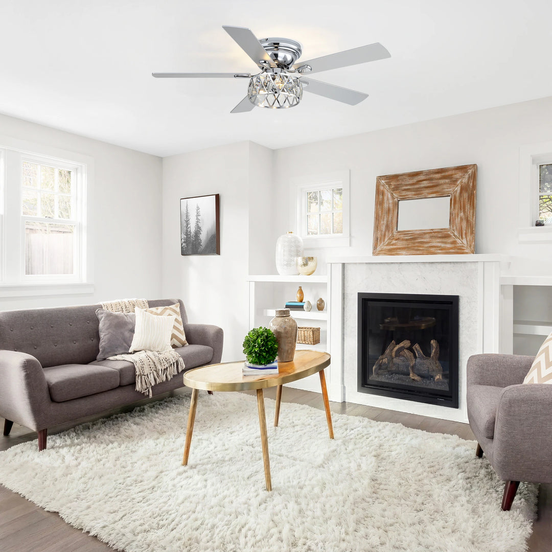 52" Flush Mount 5-Blade Modern Crystal Indoor Ceiling Fan with Light Kit and Remote
