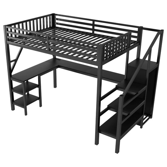 Metal Full Loft Bed with Wardrobe and LED Light, Full Size Loft Bed with L Shaped Desk and USB for Kids Teens Adults