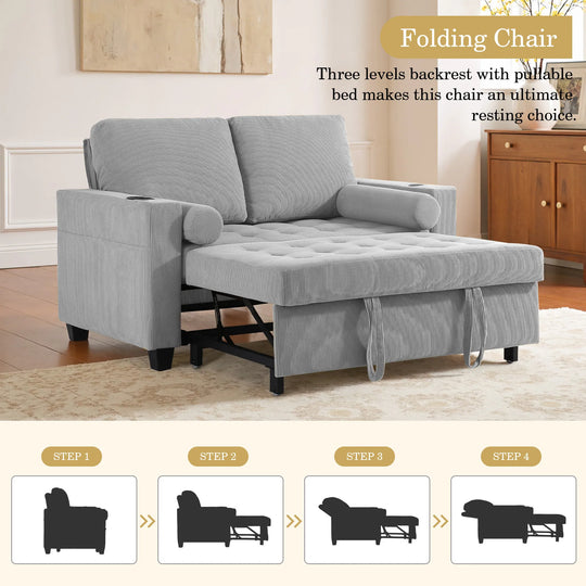 3-In-1 Pull-Out Sleeper Sofa Bed Convertible Adjustable Multi-Functional Loveseat with USB Port