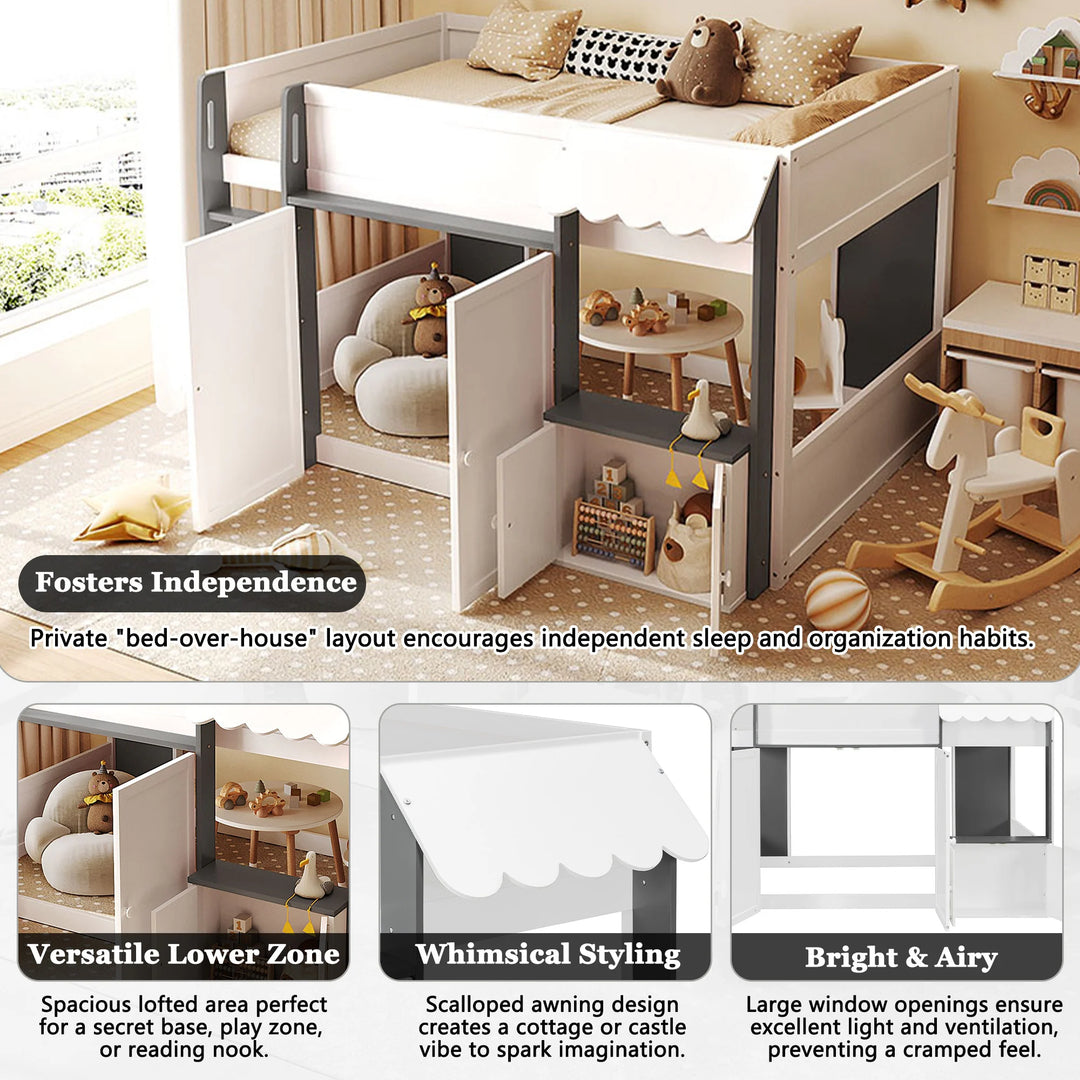 Full Loft House Bed with Playhouse Storage Modern Wood Cabin Bed for Kids