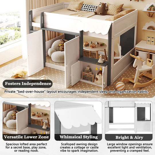 Full Loft House Bed with Playhouse Storage Modern Wood Cabin Bed for Kids