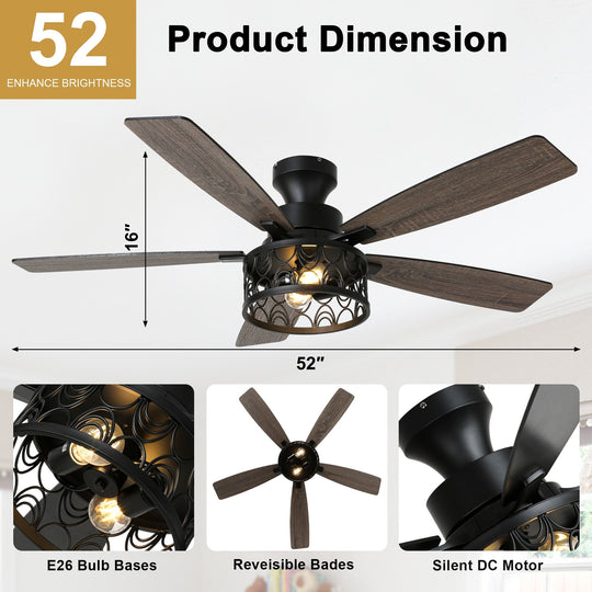 52-In Farmhouse Flush Mount Ceiling Fan with Lights and Remote Control, Black Caged Low Profile Chandelier Ceiling Fan