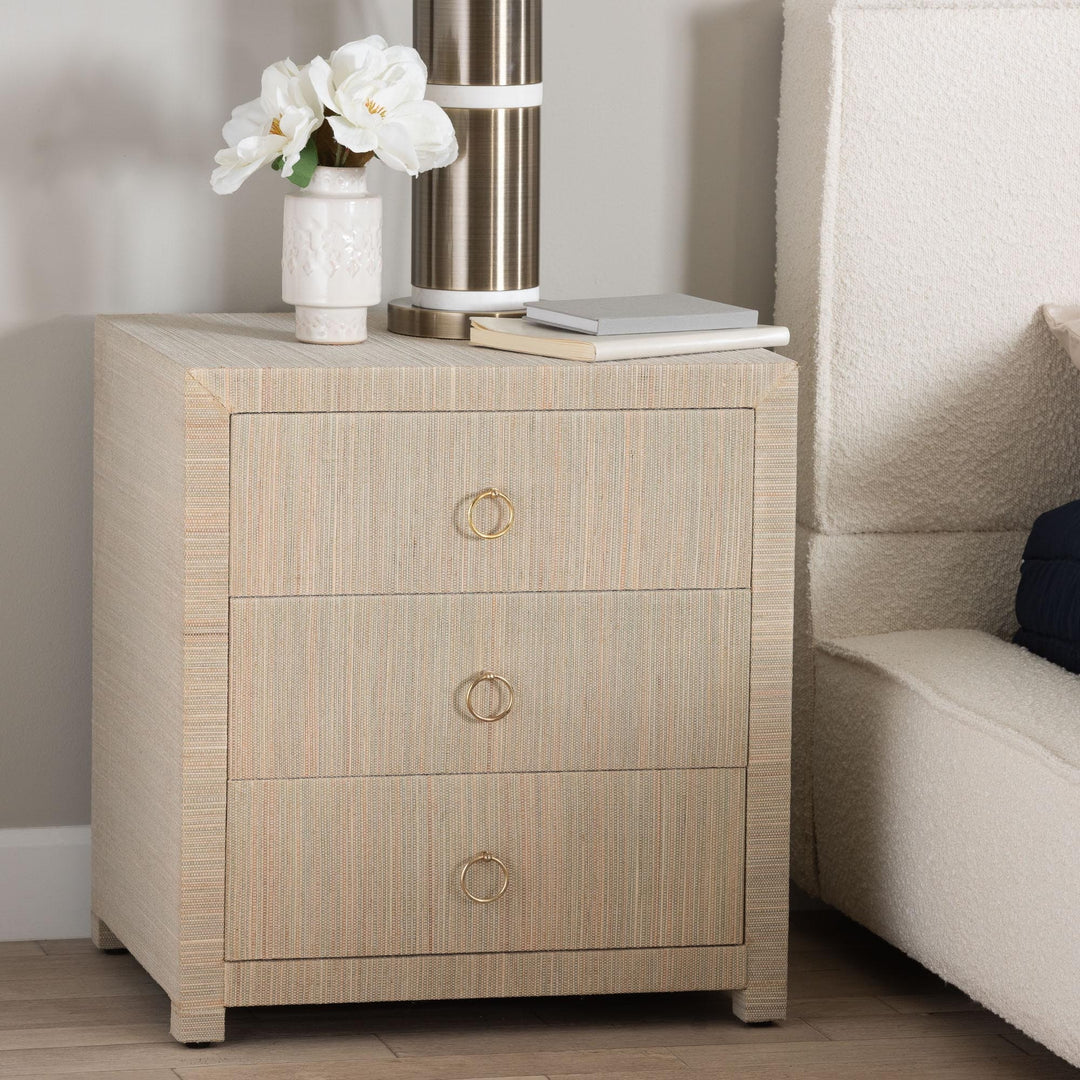 Quinn Bohemian Woven Natural Grasscloth 3-Drawer Nightstand