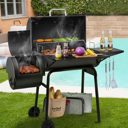30" Barrel Charcoal Grill with Smoker and Side Table
