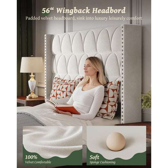 Hansabenne Solid Wood Bed Frame Queen and King Platform Bed Frame with Headboard White and Gray