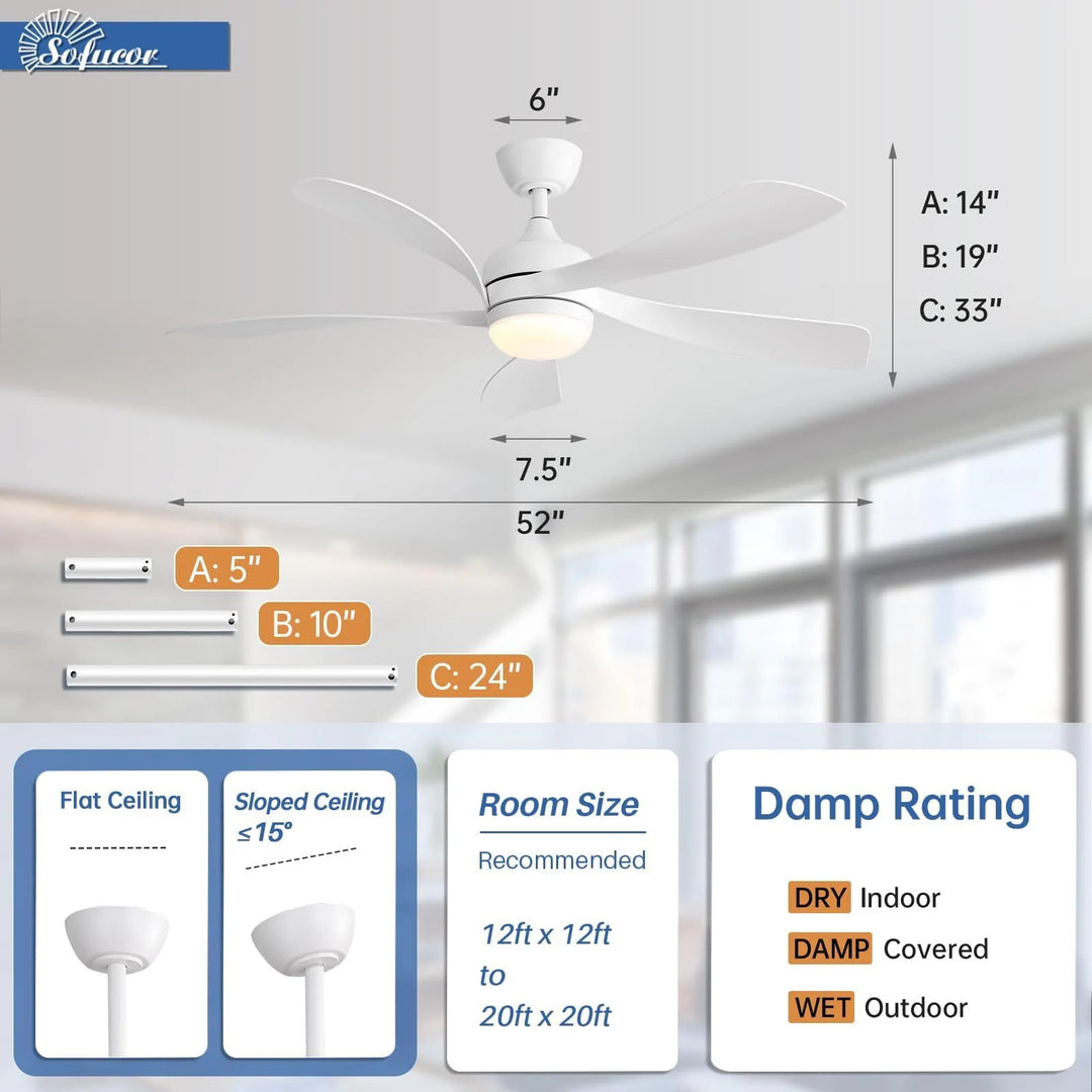 Sofucor 45/52 Inch Ceiling Fan with Remote & Lights Quiet DC Motor 5 Blade High CFM Modern Fan
