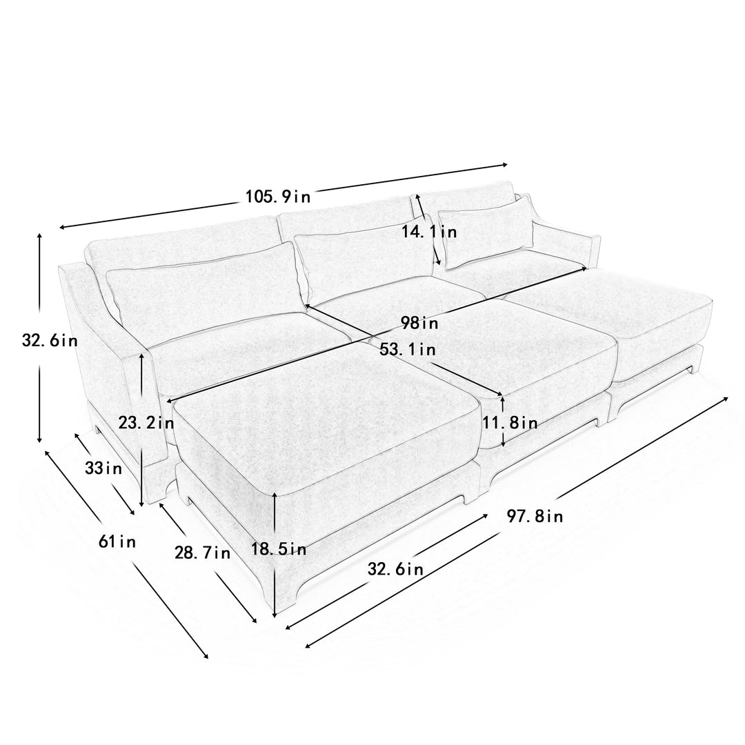 Modern Chenille 4-Seater Sofa with 2 Ottoman, Lumbar Cushions, Ergonomic Backrest, High-Resilience Spongeand Tufted Armrests