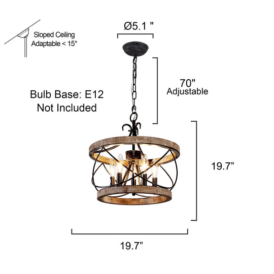 5-Light Rustic Cage Wood Chandelier Dimmable Lighting, 15.7" Adjustable Farmhouse Pendant Light for Kitchen Island