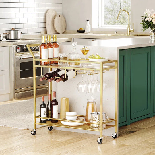 2-Tier Bar Cart Serving Cart Kitchen Cart with Wine Rack and Glass Holder