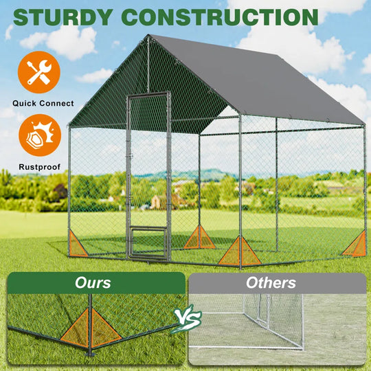Upgraded Anti-Rust Metal Chicken Coop with Run Walkin Poultry Cage Habitat with Feeding Door, Waterproof and Snow /Rain Accumulation Prevent Cover for Backyard Farm Garden