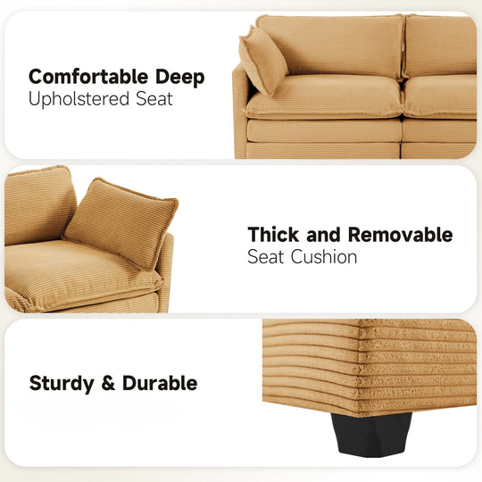 Corduroy Sectional Sofa with Removable Ottomans & Ultra-Soft Cushions for Living Room & Bedroom