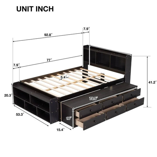 Storage Platform Bed with Bookcase Headboard,Drawers and Bed End Storage Case,Full Size