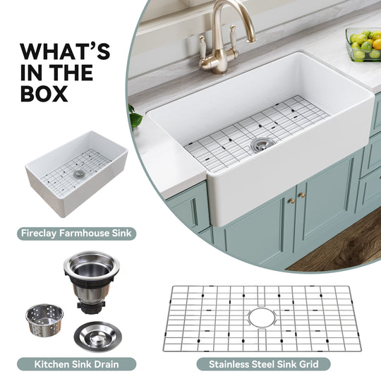 White Fireclay 33 In. Single Bowl Kitchen Sink Farmhouse Apron Front with Bottom Grid and Strainer