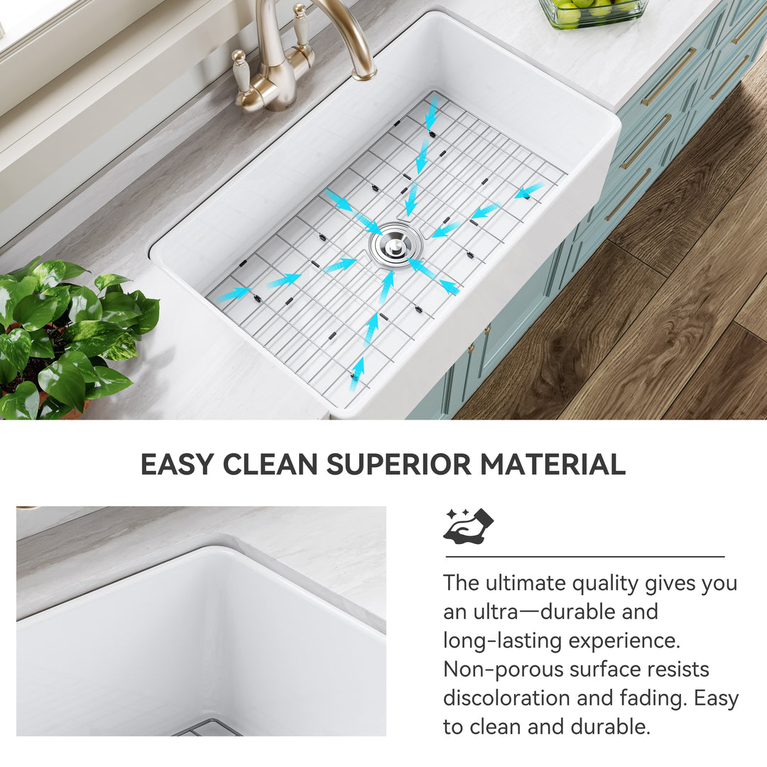 White Fireclay 33 In. Single Bowl Kitchen Sink Farmhouse Apron Front with Bottom Grid and Strainer