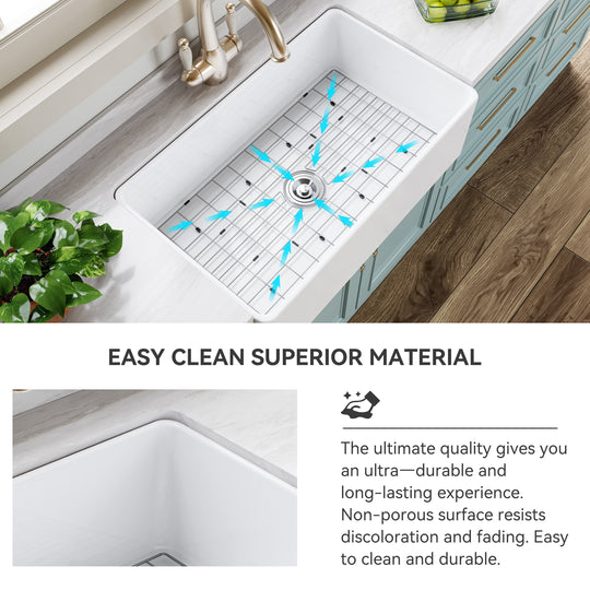 White Fireclay 33 In. Single Bowl Kitchen Sink Farmhouse Apron Front with Bottom Grid and Strainer