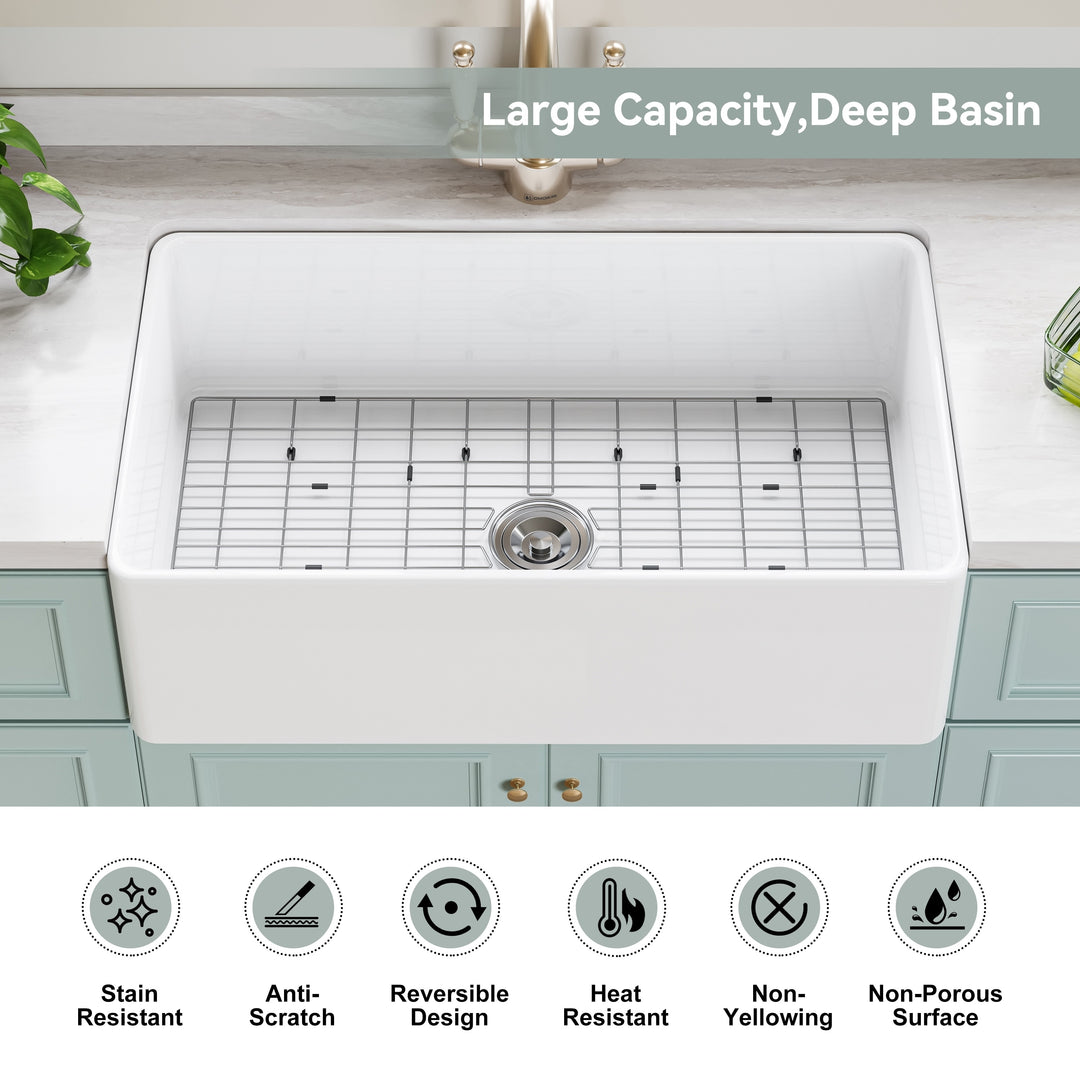 White Fireclay 33 In. Single Bowl Kitchen Sink Farmhouse Apron Front with Bottom Grid and Strainer