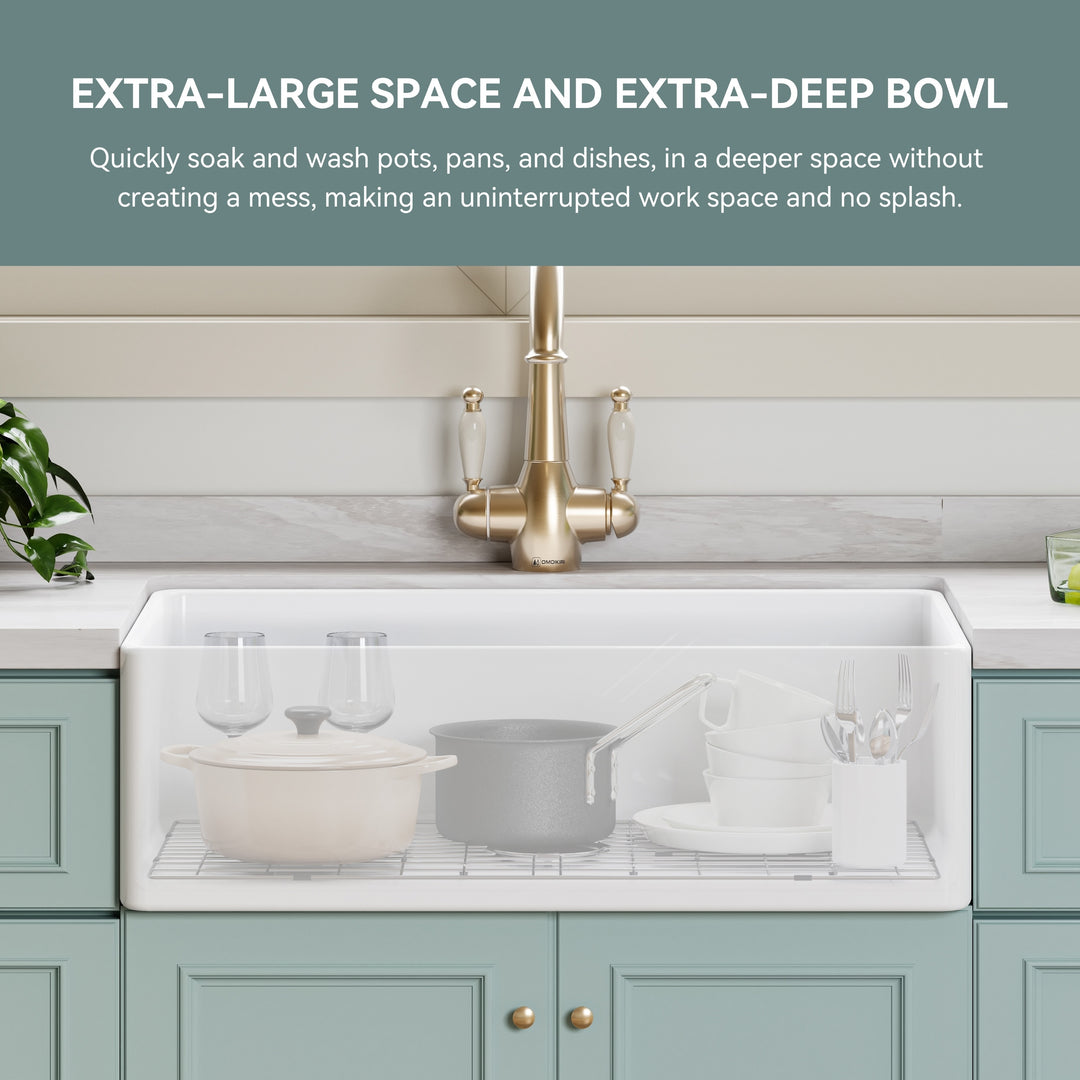 White Fireclay 33 In. Single Bowl Kitchen Sink Farmhouse Apron Front with Bottom Grid and Strainer