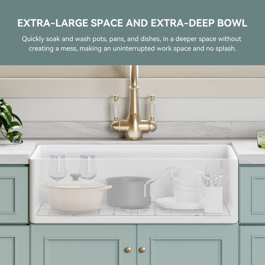 White Fireclay 33 In. Single Bowl Kitchen Sink Farmhouse Apron Front with Bottom Grid and Strainer