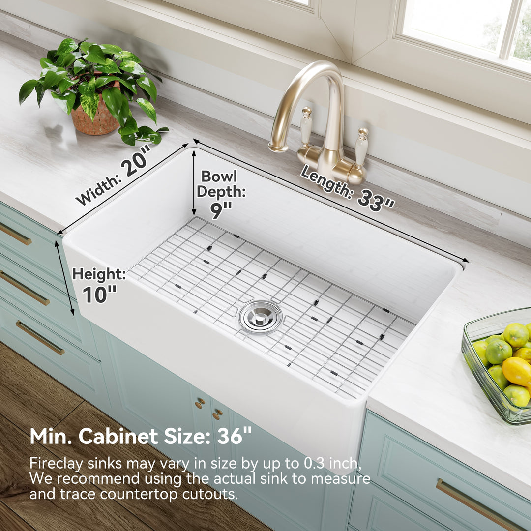 White Fireclay 33 In. Single Bowl Kitchen Sink Farmhouse Apron Front with Bottom Grid and Strainer
