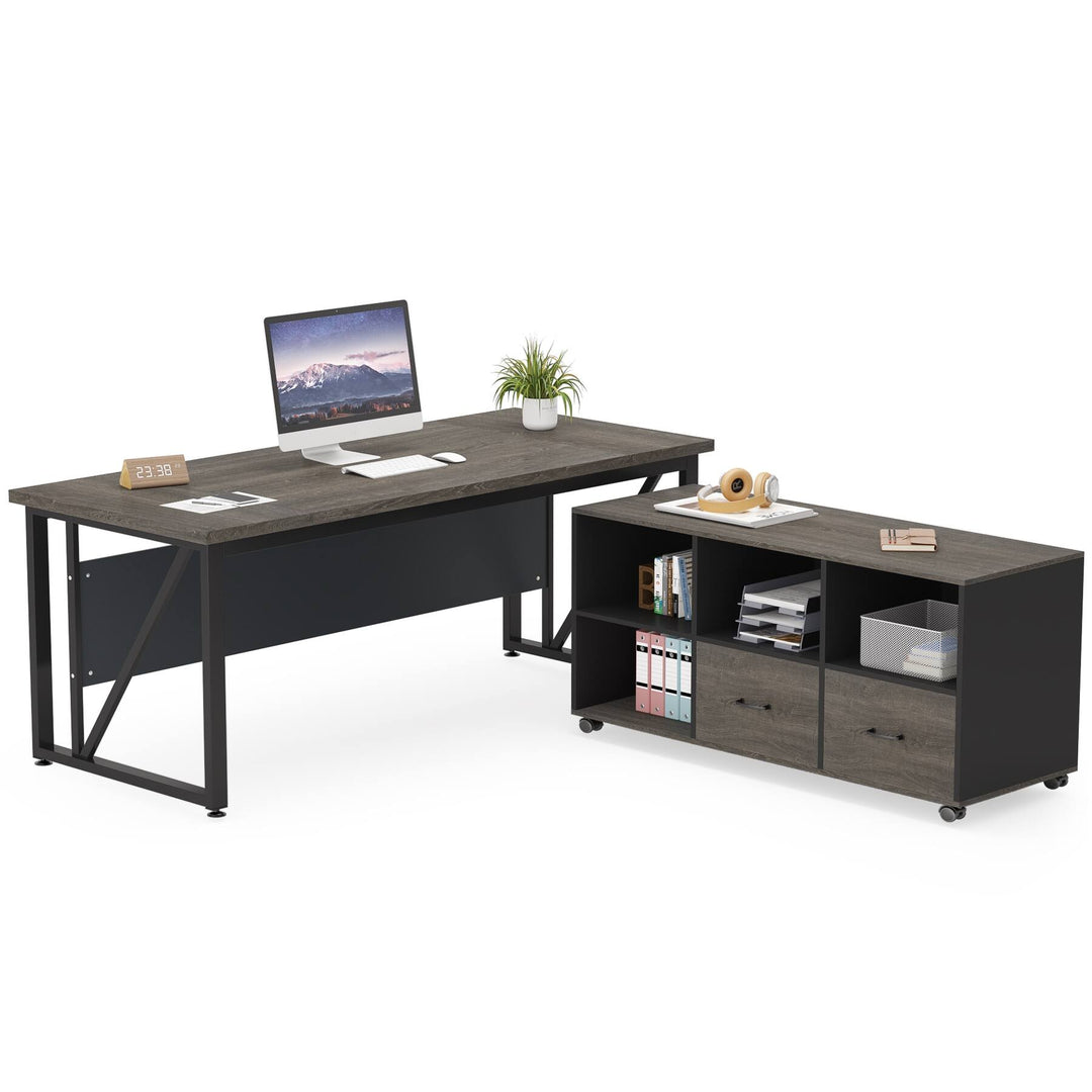 63" L-Shaped Computer Desk with 47 Inches Lateral File Cabinet, Executive Desk Home Office Furniture Desk Set