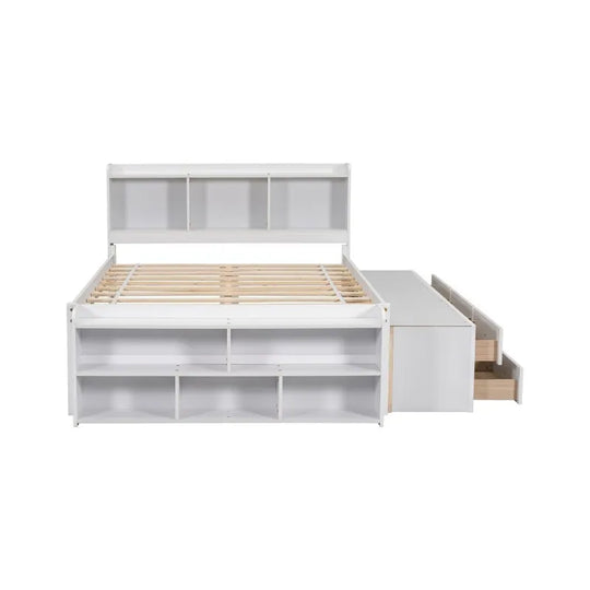 Storage Platform Bed with Bookcase Headboard,Drawers and Bed End Storage Case,Full Size