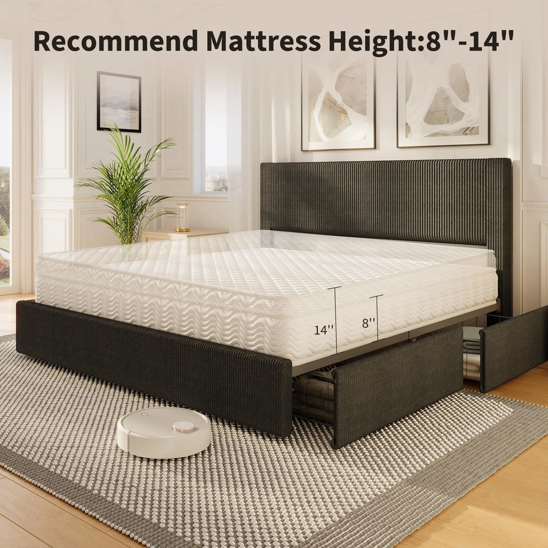 Upholstered Corduroy Channel Tufted Headboard Bed Frame, with 4 Storage Drawers