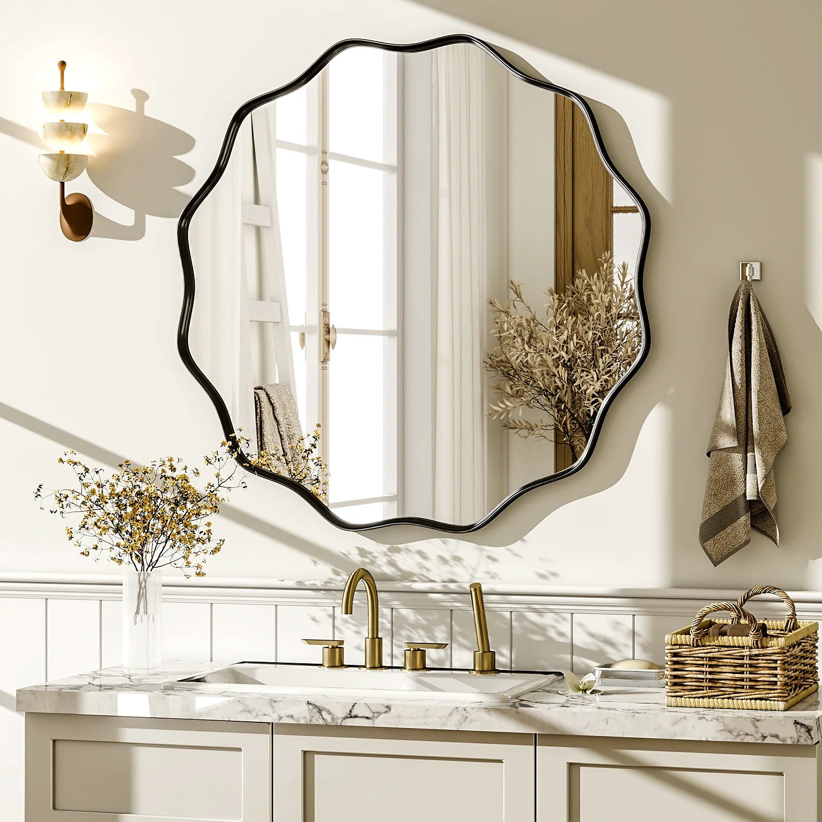 Round Wavy Bathroom Mirror Deep Frame Decorative Mirror Wall-Mounted