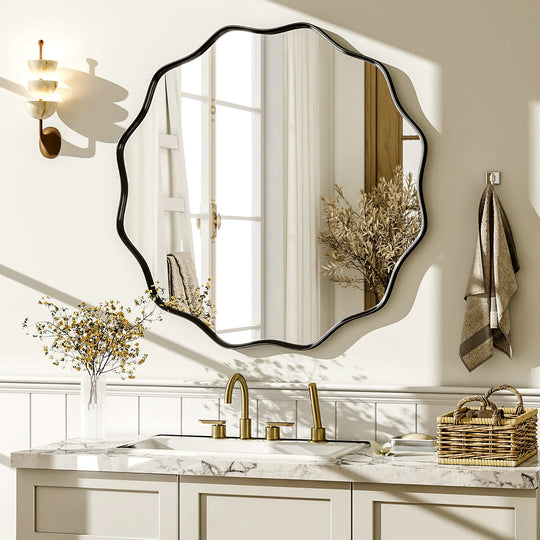 Round Wavy Bathroom Mirror Deep Frame Decorative Mirror Wall-Mounted