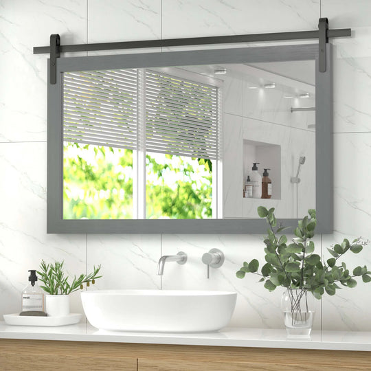 Farmhouse Barn Door Solid Wood Frame Bathroom Vanity Wall Mirror