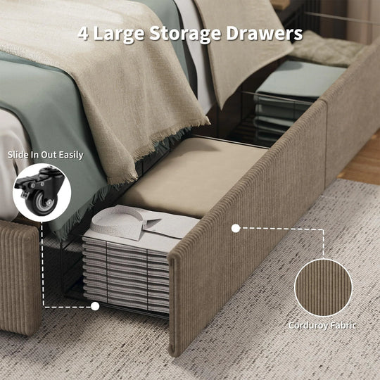 Upholstered Corduroy Channel Tufted Headboard Bed Frame, with 4 Storage Drawers