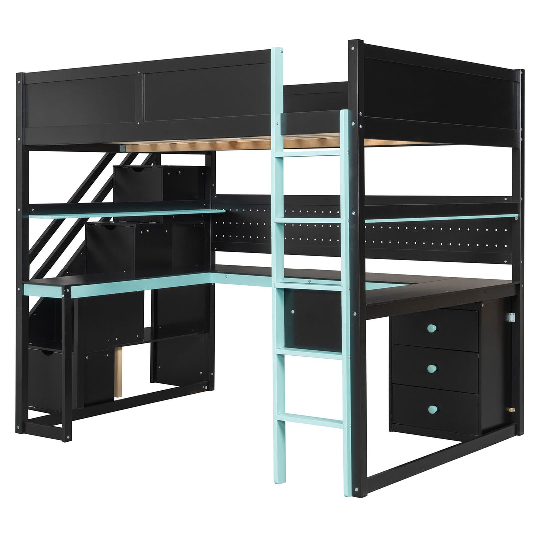 Full Size Wooden Gaming Loft Bed with Storage Stairs, Desk, Shelves and Pegboard