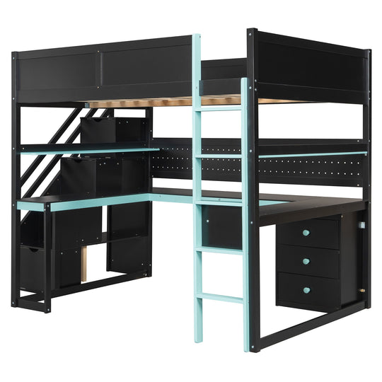 Full Size Wooden Gaming Loft Bed with Storage Stairs, Desk, Shelves and Pegboard