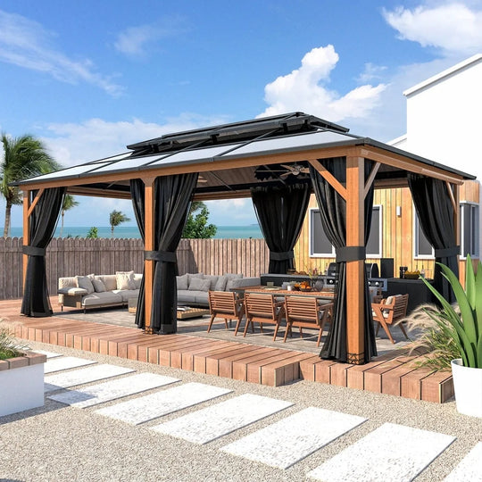 Hardtop Wood Gazebo with Double Roof – Free Dust Cover with 12X16 or 12X20 Model – Waterproof Outdoor Gazebo